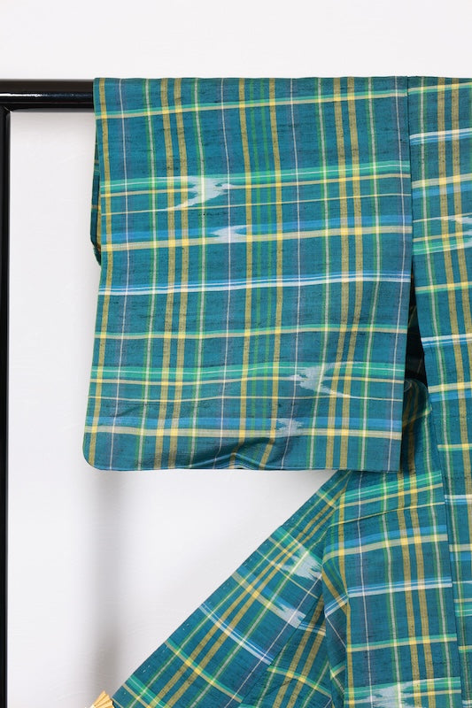 Tsumugi kimono green blue Hand-woven pre-owned /R641