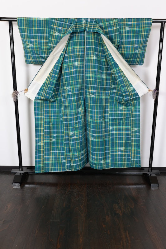 Tsumugi kimono green blue Hand-woven pre-owned /R641