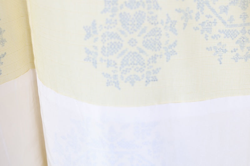 Tsumugi kimono Lemon yellow, blue flower pre-owned/R639