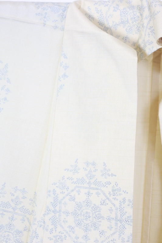Tsumugi kimono Lemon yellow, blue flower pre-owned/R639