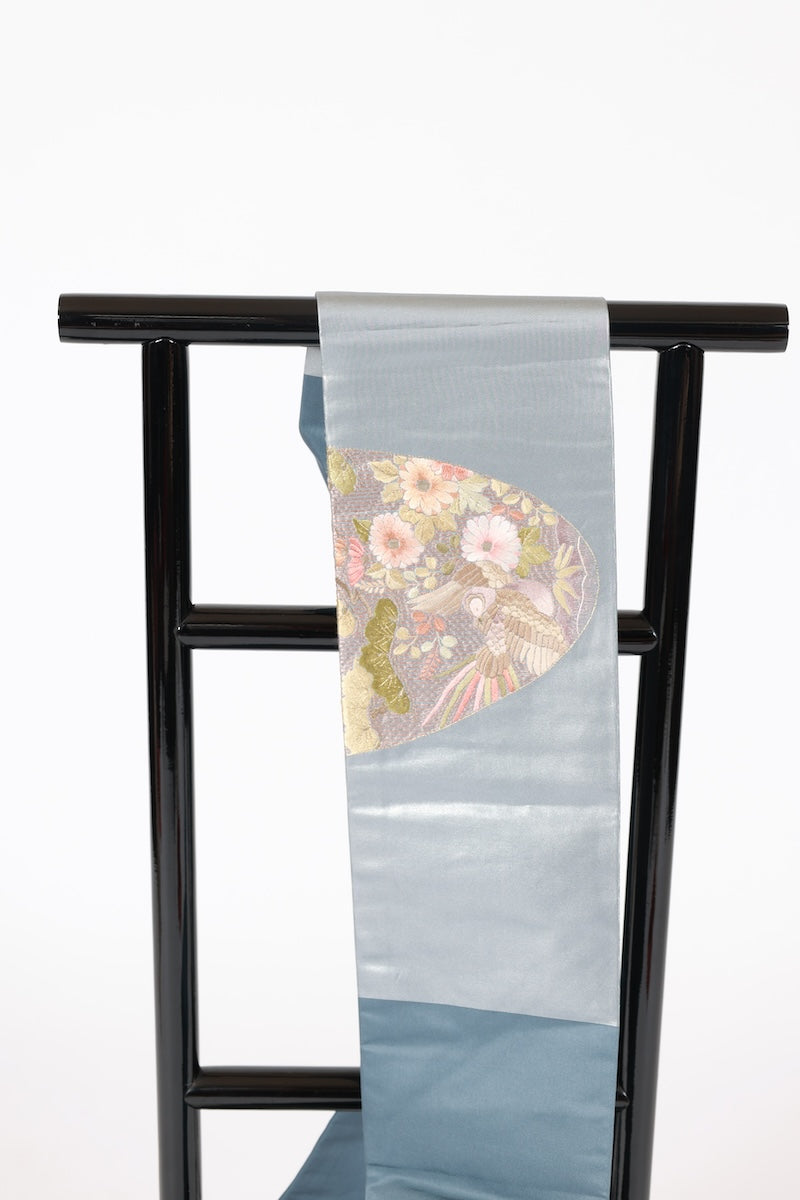 Nagoya-obi sash belt bule gray gold embroidery pre-owned /AZ163