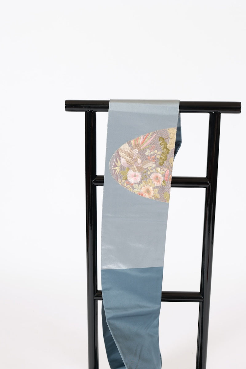 Nagoya-obi sash belt bule gray gold embroidery pre-owned /AZ163