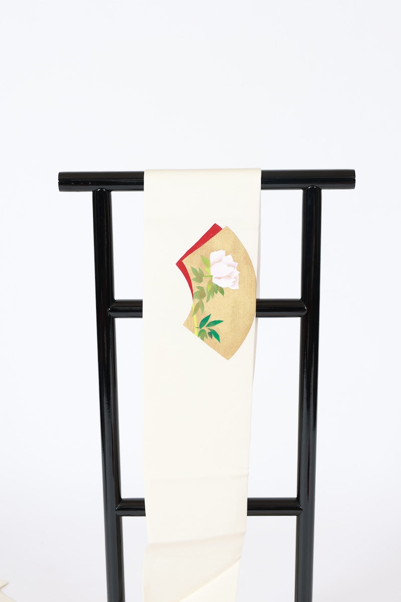 Nagoya-obi sash belt white gold Hand-drawn pre-owned /AZ162