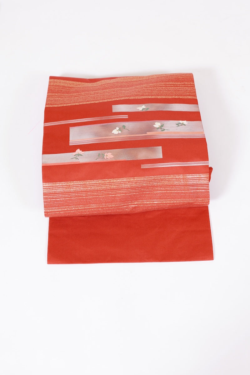 Nagoya-obi sash belt red gold silver pre-owned /AZ158