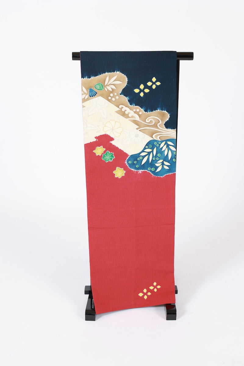 Nagoya-obi sash. belt indigo red  green white Hand-drawn /AZ155