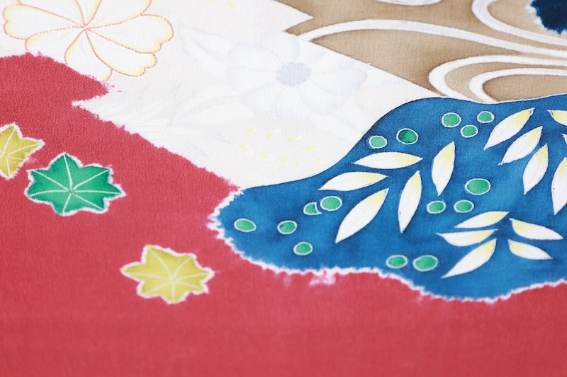 Nagoya-obi sash. belt indigo red  green white Hand-drawn /AZ155