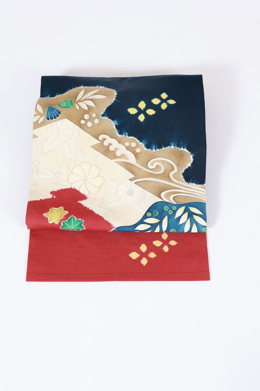 Nagoya-obi sash. belt indigo red  green white Hand-drawn /AZ155