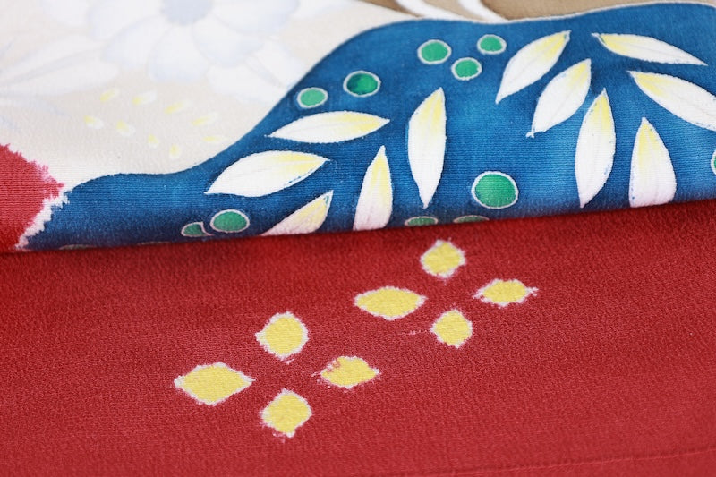 Nagoya-obi sash. belt indigo red  green white Hand-drawn /AZ155