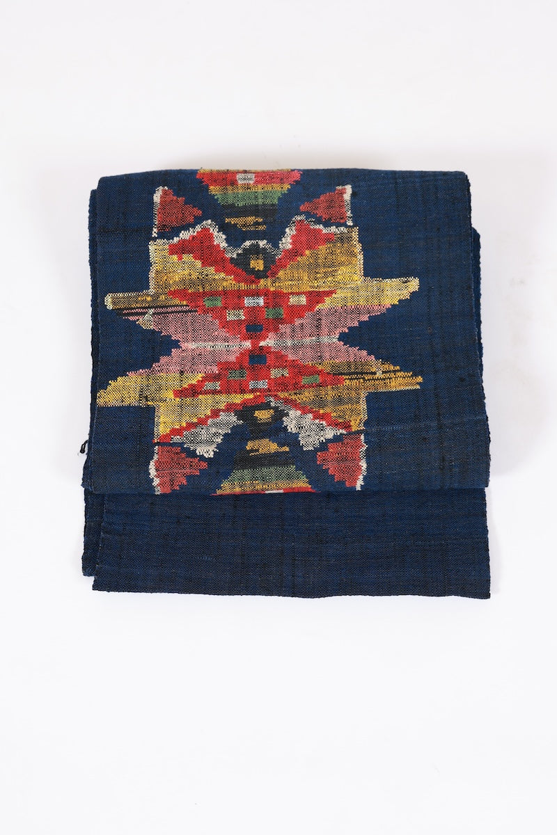 Nagoya-obi sash belt indigo mustard yellow red Hand-woven pre-owned /AZ153