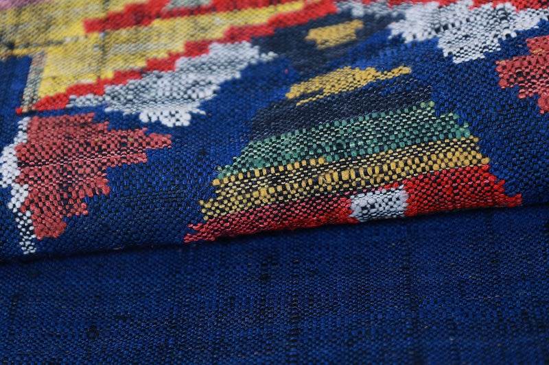 Nagoya-obi sash belt indigo mustard yellow red Hand-woven pre-owned /AZ153