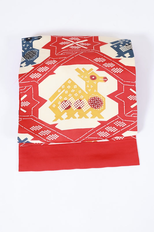 Nagoya-obi sash belt red indigo Hand-drawn pre-owned /AZ151