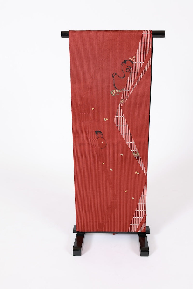 Nagoya-obi sash belt redbrown Okame and Hyottoko pre-owend /AZ149