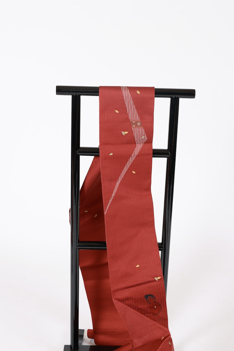 Nagoya-obi sash belt redbrown Okame and Hyottoko pre-owend /AZ149