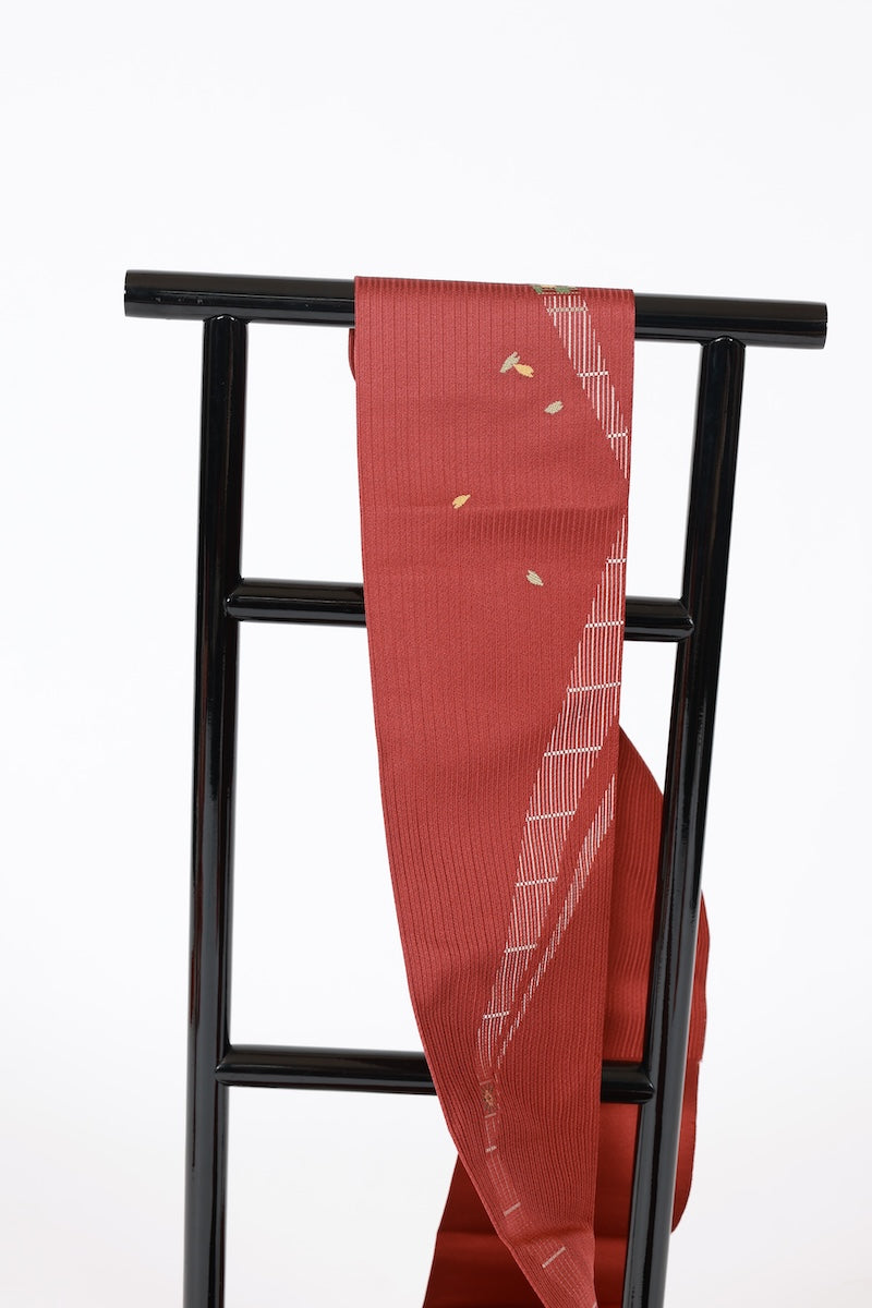 Nagoya-obi sash belt redbrown Okame and Hyottoko pre-owend /AZ149