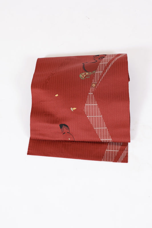Nagoya-obi sash belt redbrown Okame and Hyottoko pre-owend /AZ149