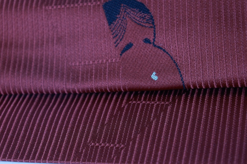 Nagoya-obi sash belt redbrown Okame and Hyottoko pre-owend /AZ149