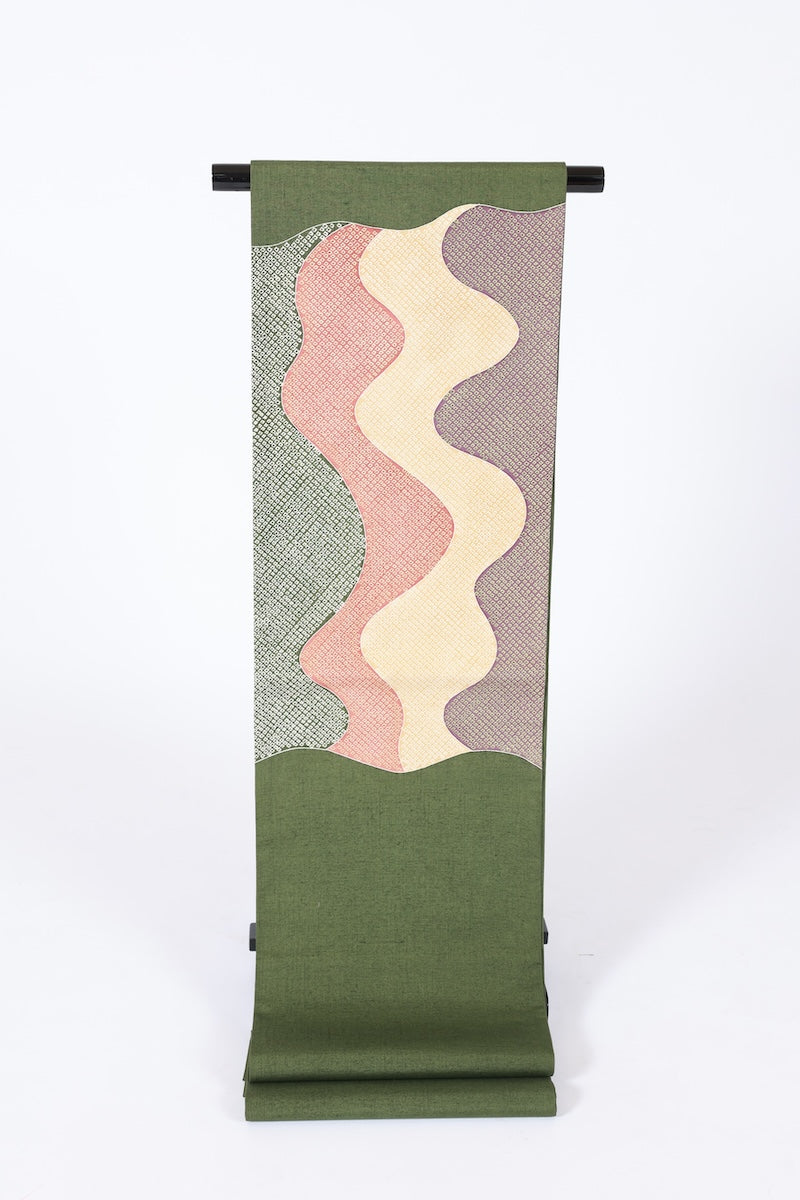 Fukuro-obi sash belt tsumugi green purple beige pre-owned /AZ145