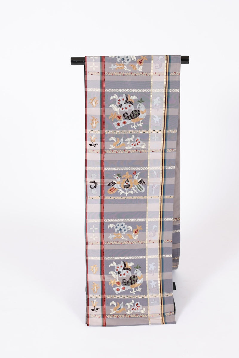Fukuro-obi gray white reversible pre-owned /AZ143