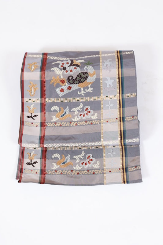 Fukuro-obi gray white reversible pre-owned /AZ143