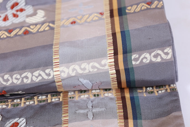 Fukuro-obi gray white reversible pre-owned /AZ143