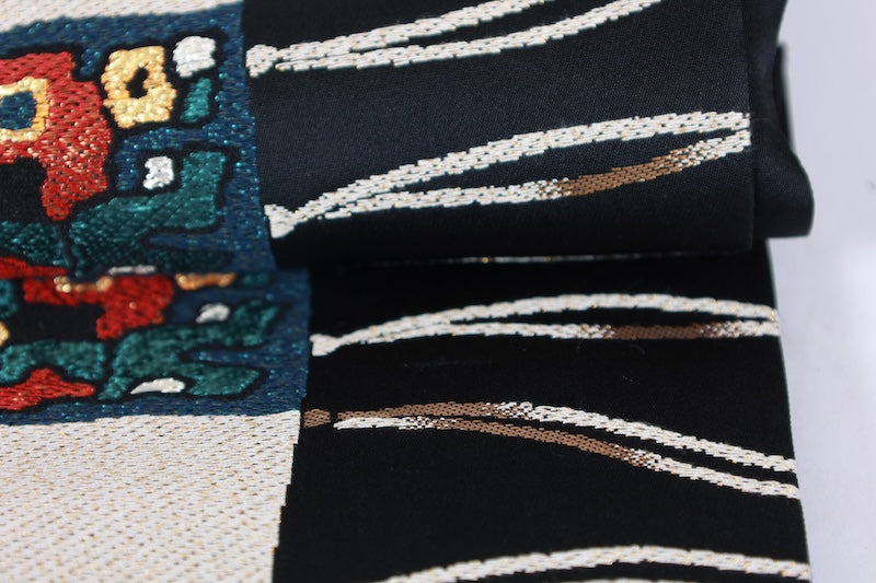 Fukuro-obi sash belt beige black white pre-owned /AZ134