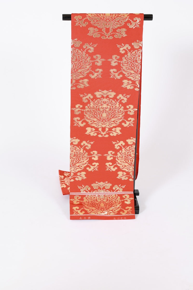 Fukuro-obi sash belt red gold Hand-woven pre-owned /Az135