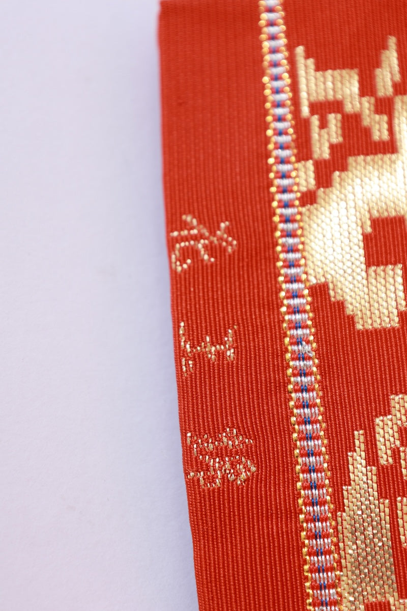 Fukuro-obi sash belt red gold Hand-woven pre-owned /Az135