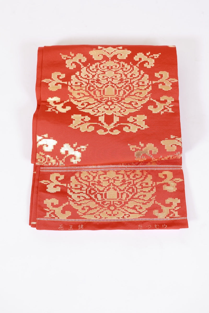 Fukuro-obi sash belt red gold Hand-woven pre-owned /Az135