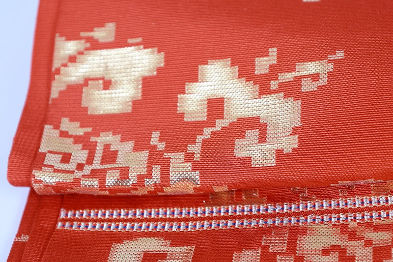 Fukuro-obi sash belt red gold Hand-woven pre-owned /Az135