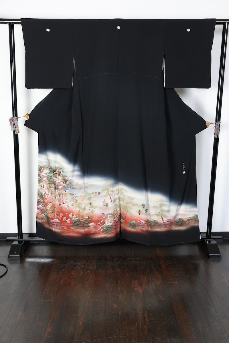 Kurotomesode kimono gray red purple Hand-drawn pre-owned /AZ180