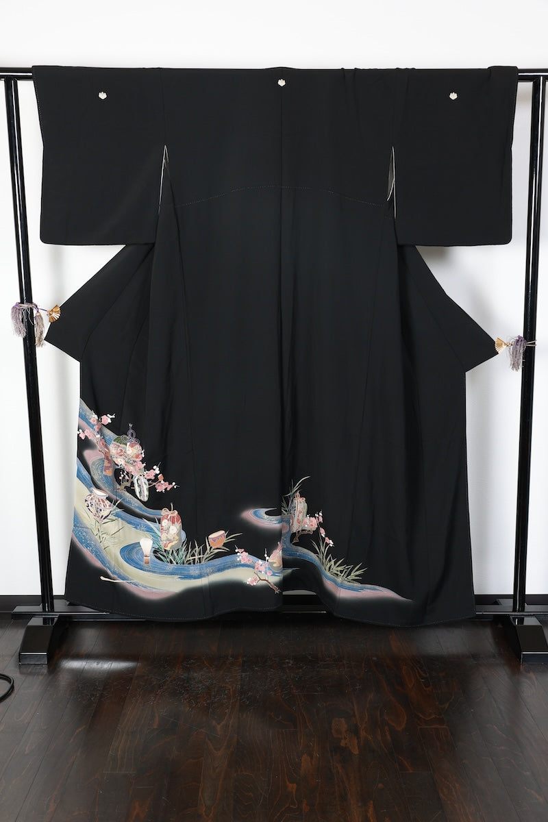 Kurotomesode kimono indigo coral pink gold flower pre-owned /AZ177