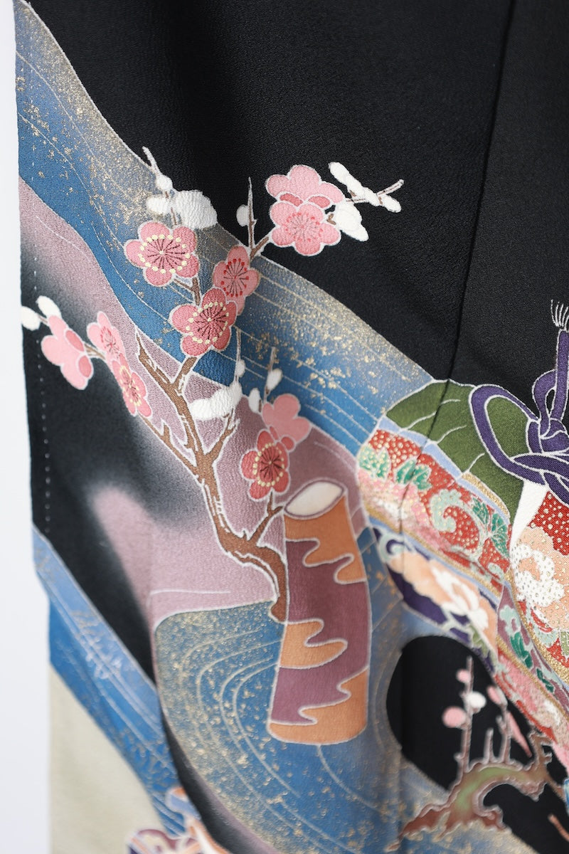 Kurotomesode kimono indigo coral pink gold flower pre-owned /AZ177