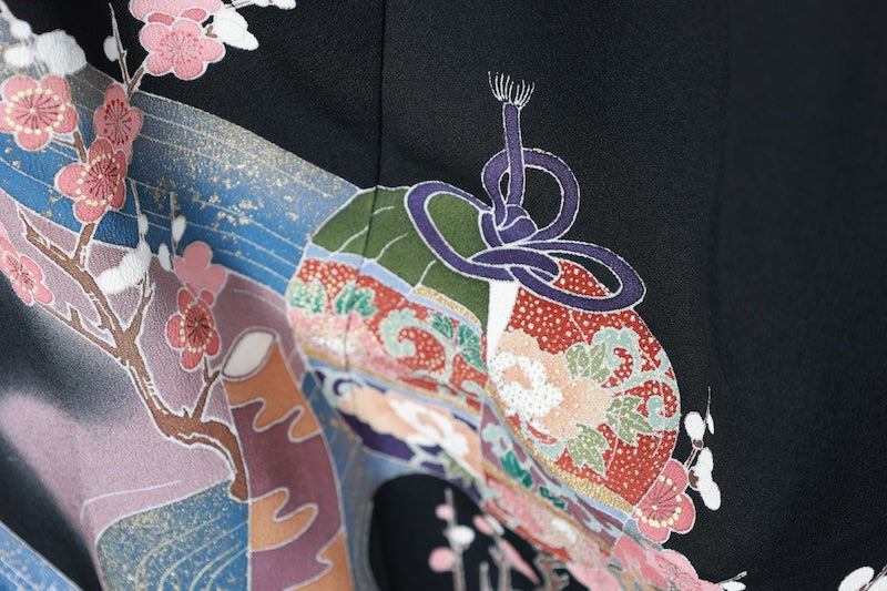 Kurotomesode kimono indigo coral pink gold flower pre-owned /AZ177