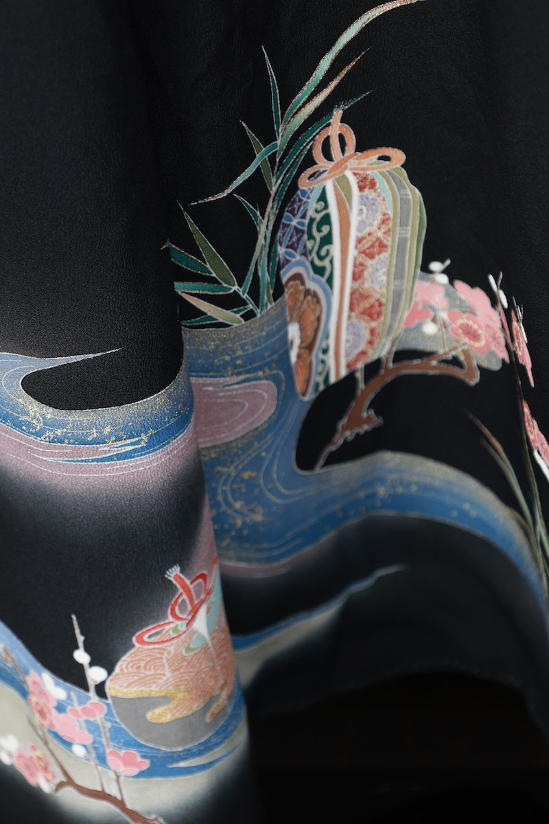 Kurotomesode kimono indigo coral pink gold flower pre-owned /AZ177
