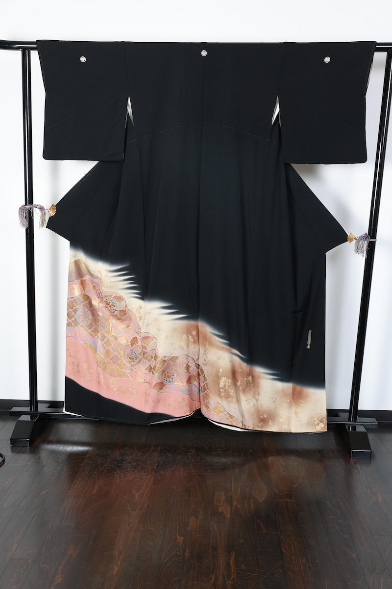 Kurotomesode kimono brown beige purple embroidery phoenix pre-owned /AZ176