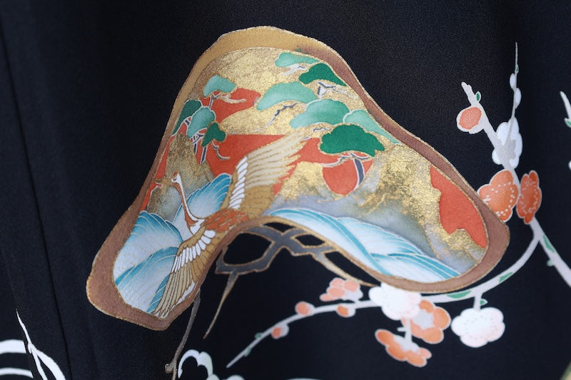 Kurotomesode kimono gold green pre-owned /AZ174