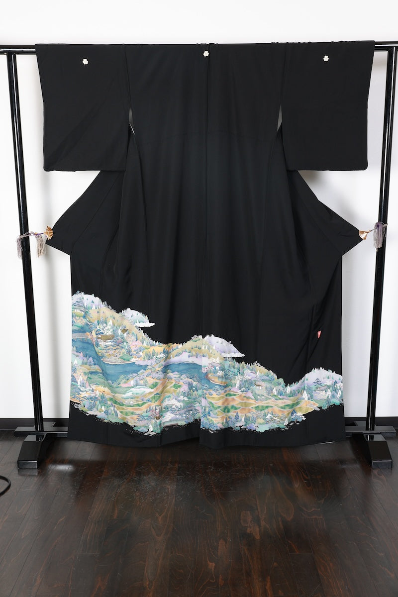 Kurotomesode kimono bule white pre-owned /AZ171