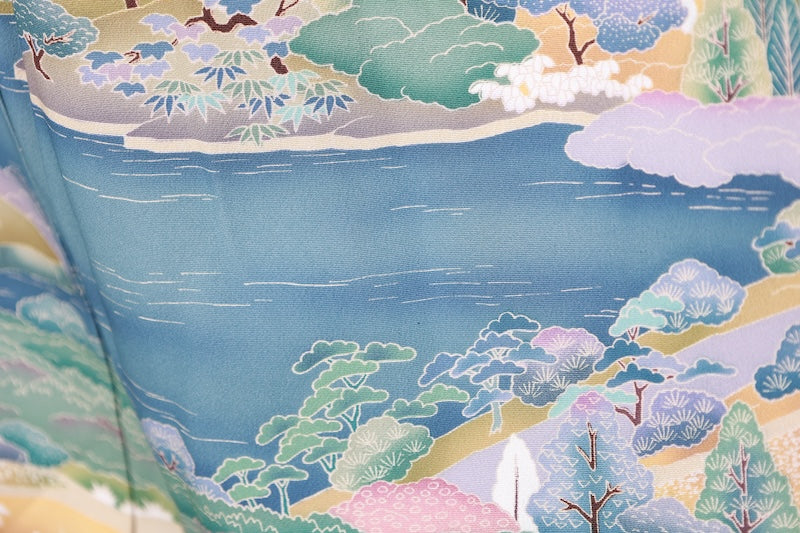 Kurotomesode kimono bule white pre-owned /AZ171