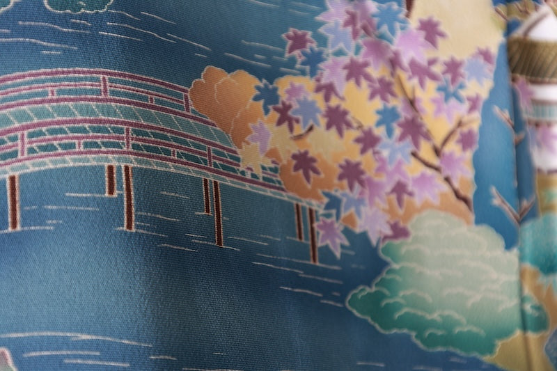 Kurotomesode kimono bule white pre-owned /AZ171