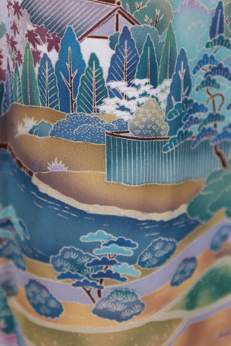 Kurotomesode kimono bule white pre-owned /AZ171