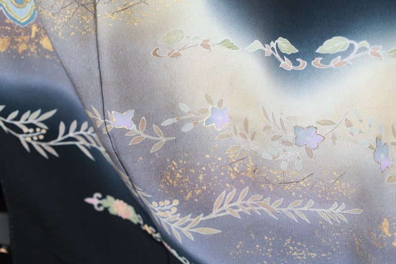 Kurotomesode kimono gold brown blue pre-owned /AZ170