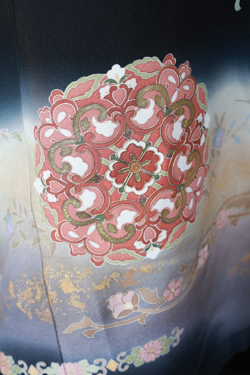 Kurotomesode kimono gold brown blue pre-owned /AZ170