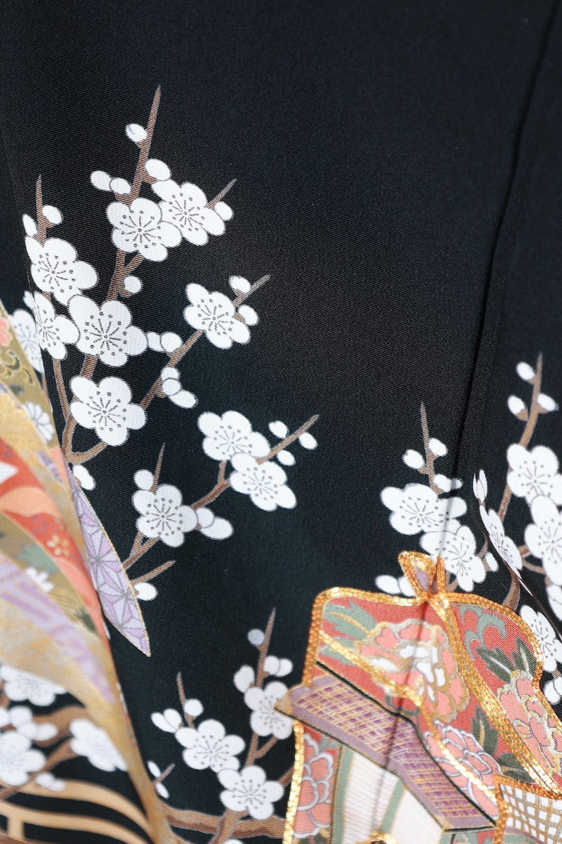 Kurotomesode kimono gold green crane pre-owned /AZ167