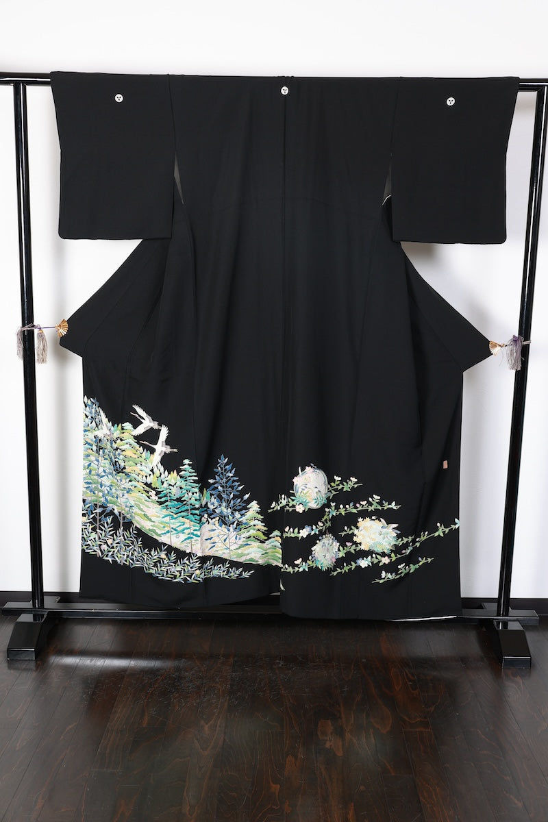 Kurotomesode kimono green indigo crane pre-owned /AZ168