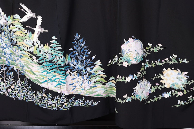 Kurotomesode kimono green indigo crane pre-owned /AZ168