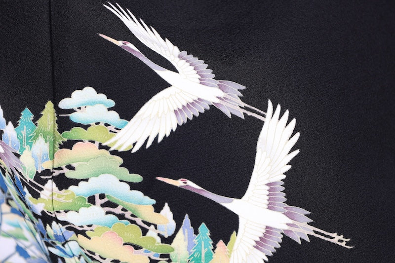 Kurotomesode kimono green indigo crane pre-owned /AZ168
