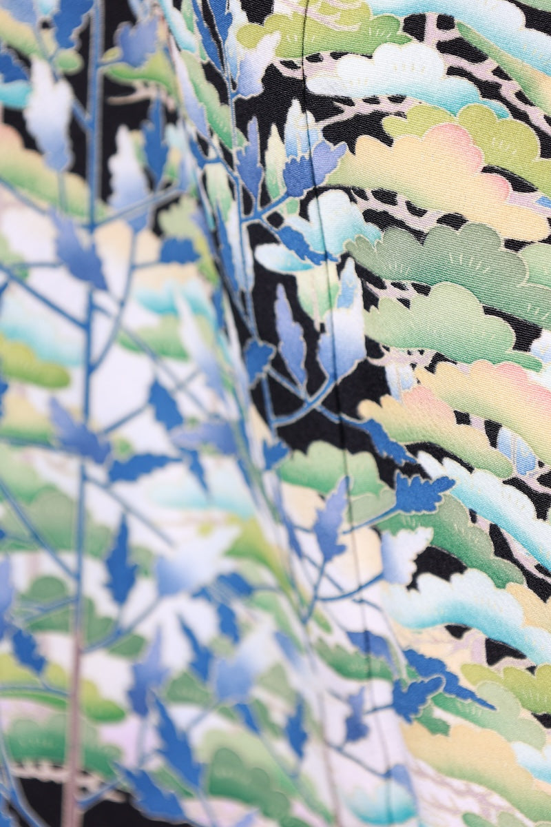 Kurotomesode kimono green indigo crane pre-owned /AZ168