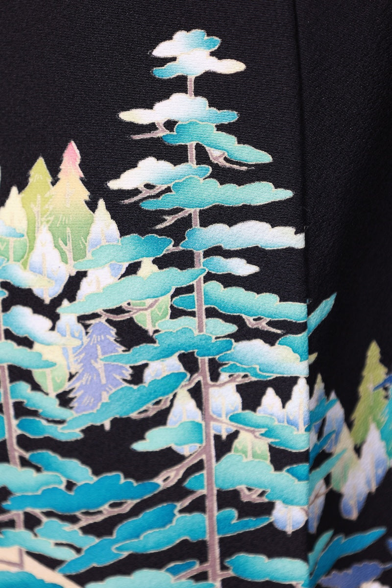 Kurotomesode kimono green indigo crane pre-owned /AZ168