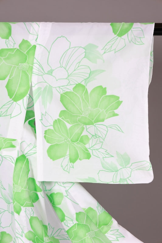 Summer  kimono used, white and green with floral pattern, L121