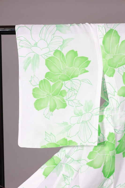 Summer  kimono used, white and green with floral pattern, L121